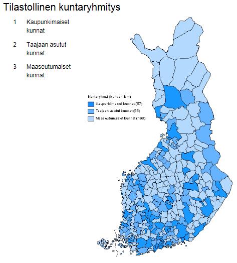 Tilastokeskuksen määritelmä kaupunkimaiselle kunnalle Kaupunkimaisia kuntia ovat kunnat, joiden väestöstä vähintään 90