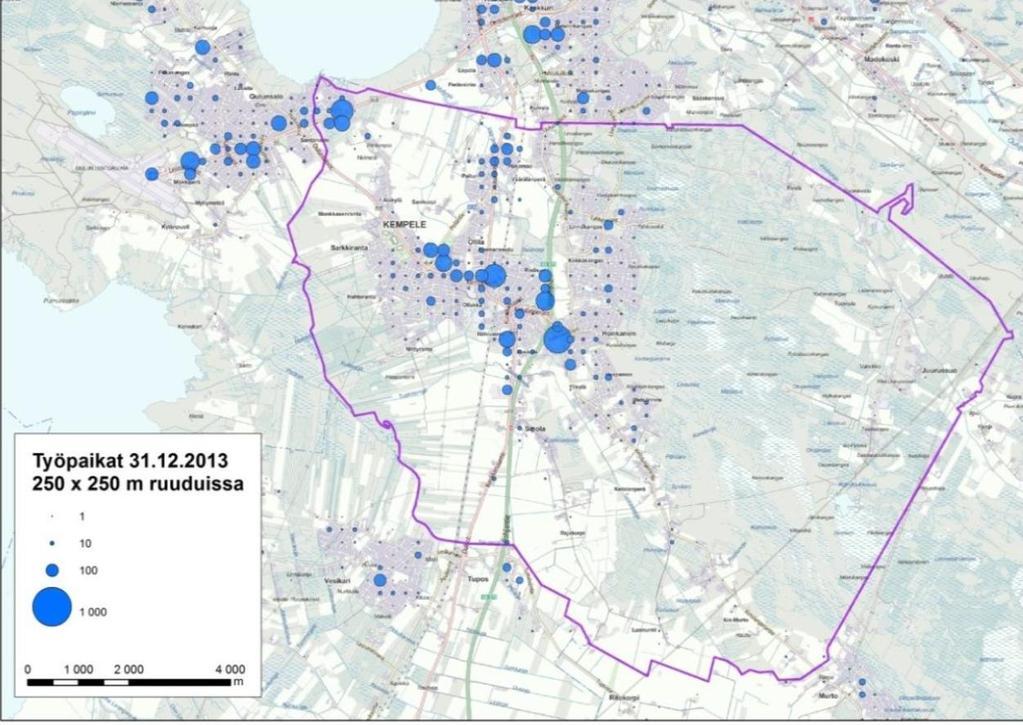 Työpaikkojen sijoittuminen - valtaosa työpaikoista sijaitsee keskustaajamassa tai sen