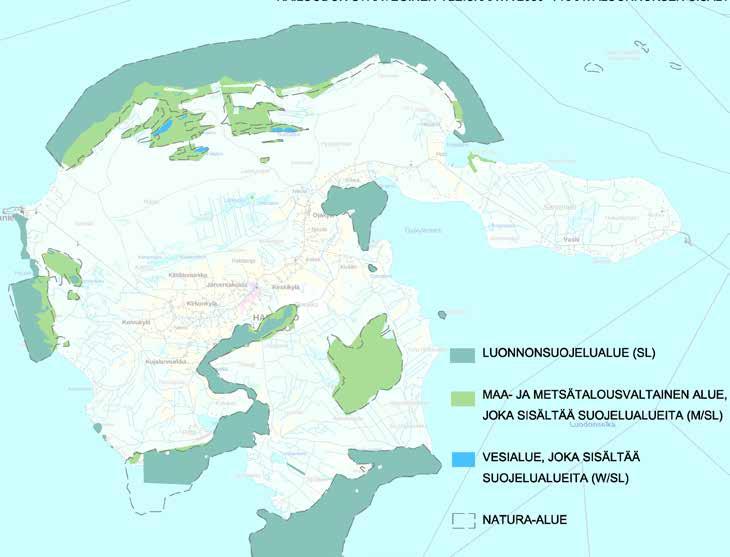 Natura-alueet ja suojelualueet: Suunnittelualueella olevat Natura-alueet on merkitty kaavaan Natura 2000-verkostoon kuuluviksi alueiksi alueen eritysominaisuutta kuvaavalla viivarajauksella.