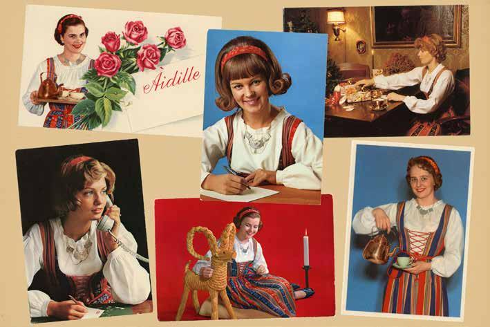Paula-tyttö-postikortteja eri vuosilta. Sinikka Kekki on ylhäällä vasemmalla. Kuva: Kirsi Alastalo Tehtävään pyrki satoja ehdokkaita. Hakijoiden joukossa oli myös tuleva Miss Universum Armi Kuusela.