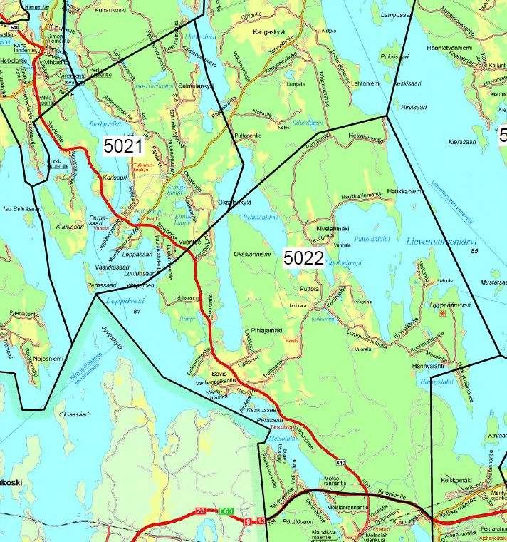 Kuva. Laukaan kunnan tilastoaluejako: Savion ja Vuonteen kylät 1.3 Palvelut Lukuvuonna 2016 2017 Savion kyläkoulussa on oppilaita 45 luokilla 0-6 ja Vuonteen koulussa 35 luokilla 1-6.