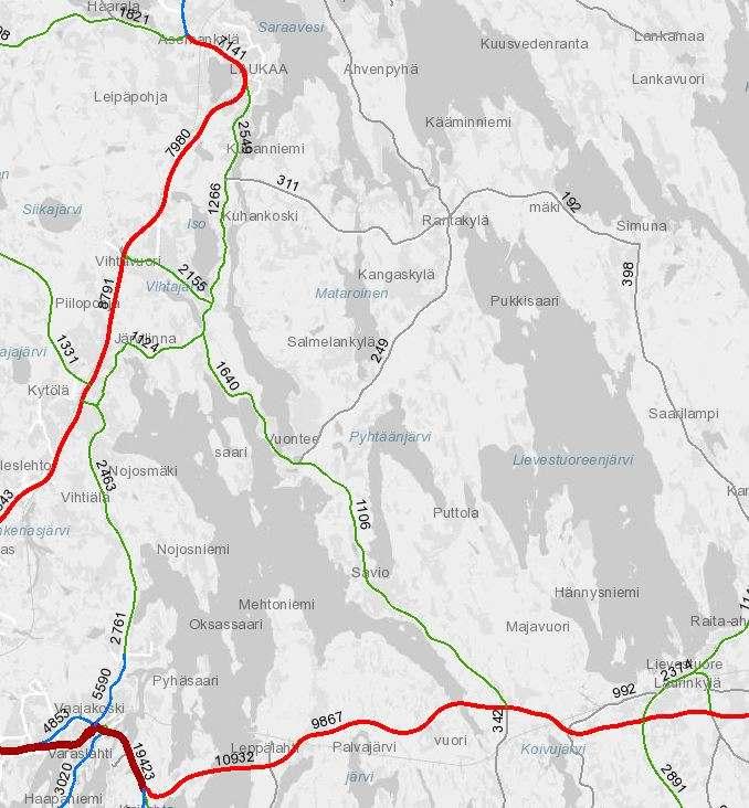 Kuva. Vuorokausiliikennemäärät (Liikennevirasto) 1.5 Rakentaminen ja asuminen Vuosina 2006 2016 suunnittelualueelle on valmistunut keskimäärin 2-3 vakituista asuinrakennusta tai loma-asuntoa vuodessa.