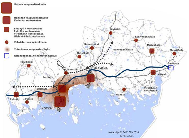 Klamila, Suur-Miehikkälä, Muurikkala Miehikkälä, Pyhtää ja Virolahti (sekä yleiskaavan suunnittelualueen ulkopuolella sijaitsevat Elimäki, Jaala ja Valkeala) voidaan katsoa kuuluviksi