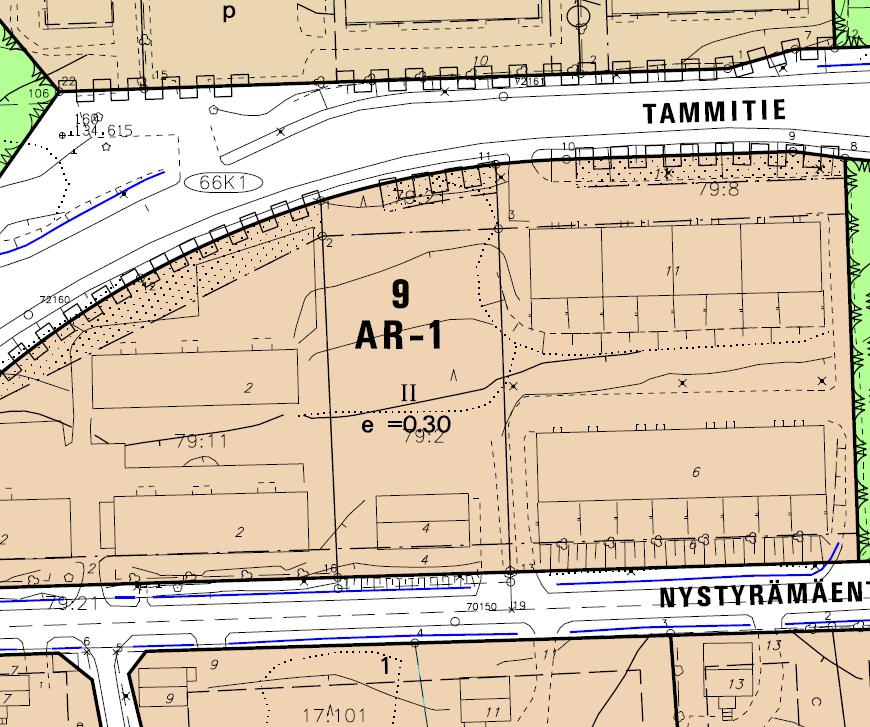 1976 hyväksytty asemakaava, jossa alue osoitettu rivitalojen ja muiden kytkettyjen asuinrakennusten korttelialueeksi AR-1. Korttelialueelle on varattava yksi autopaikka jokaista asuntoa kohti.
