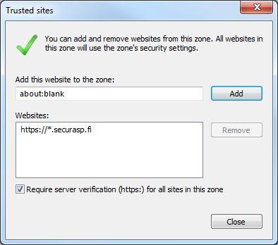 3.5 Luotetut sivusot Valitse selaimen valikosta Työkalut / Internet asetukset (Tools / Internet Options) ja Suojaus- välilehti (Security) -> Sivustot (Sites) Acute-palvelimen