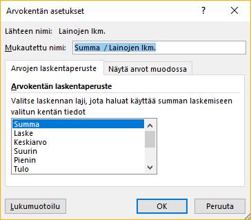 2 ja varmista, että arvokentän laskentaperuste on summa (kuva oikealla; arvokentän asetukset saat esiin klikkaamalla kentän nimen vieressä olevaa pientä kolmiota. Usein Summa-valinta on oletusarvo.