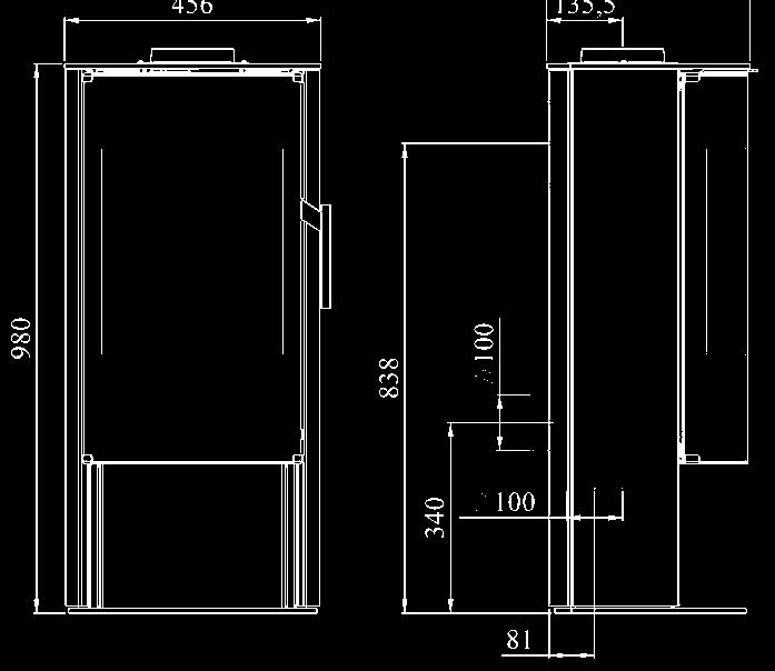 400 mm Lämmitysteho............... 3-7 kw Lämmitysala.............. 45-105 m 2 Savunpoistoputken halkaisija....... Ø 120 mm Paino.