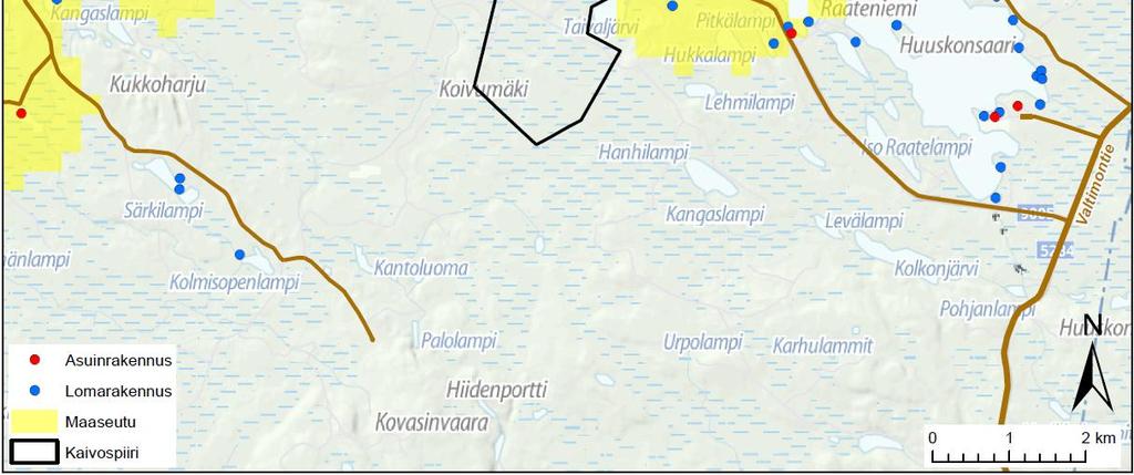 Hankealueen ympäristöön 15 kilometrin säteelle ei sijoitu taajamia tai kyliä.