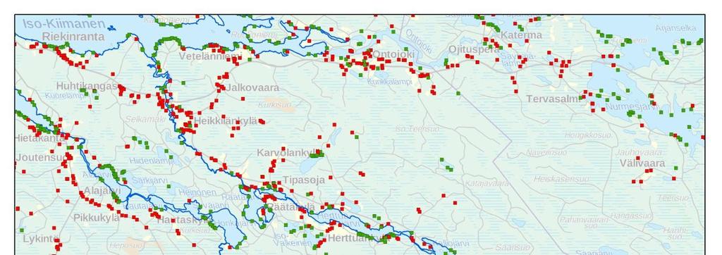 YMPÄRISTÖVAIKUTUSTEN ARVIOINTISELOSTUS 130 Kuva 13-2. Asutuksen sijoittuminen vesistöalueilla, joille tarkastellaan kaivoksen vesien johtamista (Maanmittauslaitoksen maastotietokanta).