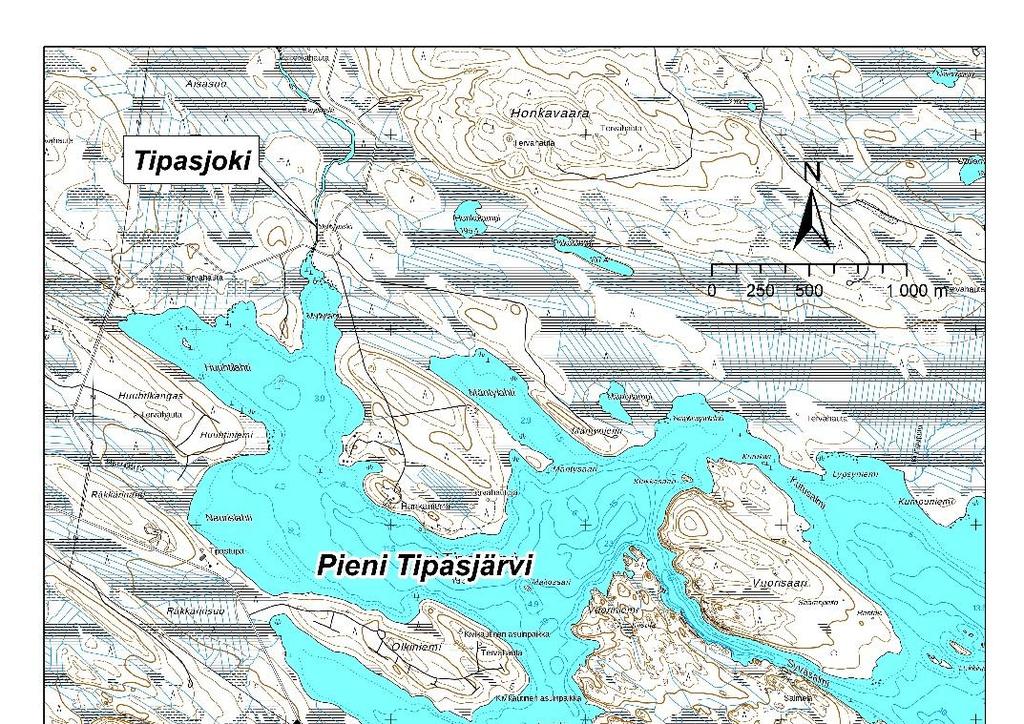 YMPÄRISTÖVAIKUTUSTEN ARVIOINTISELOSTUS 70 Kuva 9-4. Kaivospiiri ja lähimmät vesistöt Tipasjoen vesistöalueella.