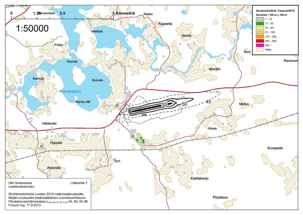 Kuva 11. Utin lentoaseman siviililentoliikenteen aiheuttaman lentokonemelun (L Aeq klo 07-22) leviäminen 4 kk vilkkaimman ajanjakson aikana vuonna 2014/15. Kuvan mittakaava ei pidä paikkaansa. 5.