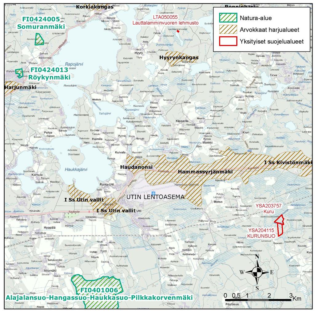 Kuva 3. Utin lentoaseman läheisyydessä sijaitsevat Natura 2000 alueet. 4.