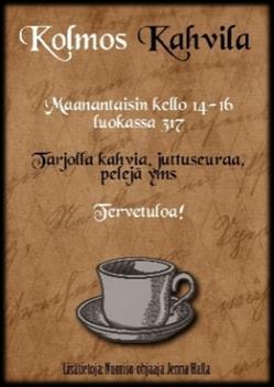 Kolmoscafe Kolmoscafe toimi Lyseonmäen koulun nuorisotilassa joka maanantai kello 14-16 kevään ajan.