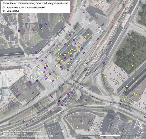 Kyselystä poimittua Herttoniemen metroaseman ympäristöön jätettiin runsaasti merkintöjä Itäväylän ylittämisen vaikeuteen liittyen.