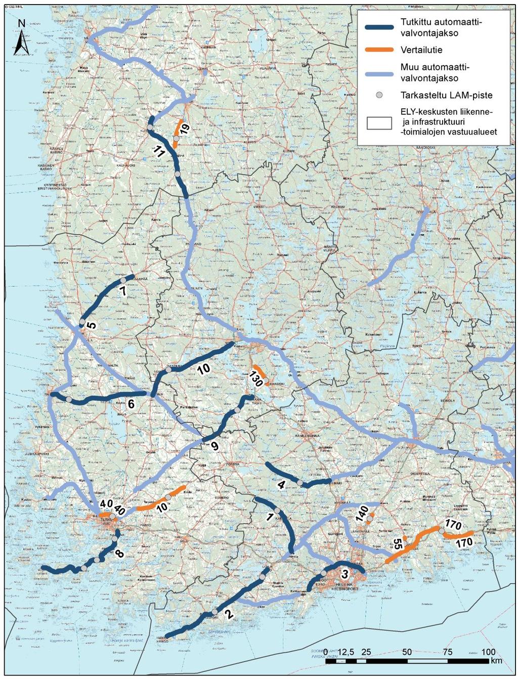 LIITE 3. Tutkimuksessa tarkasteltujen kiinteiden automaattivalvontajaksojen sekä niitä vastaavien vertailuteiden sijainnit.