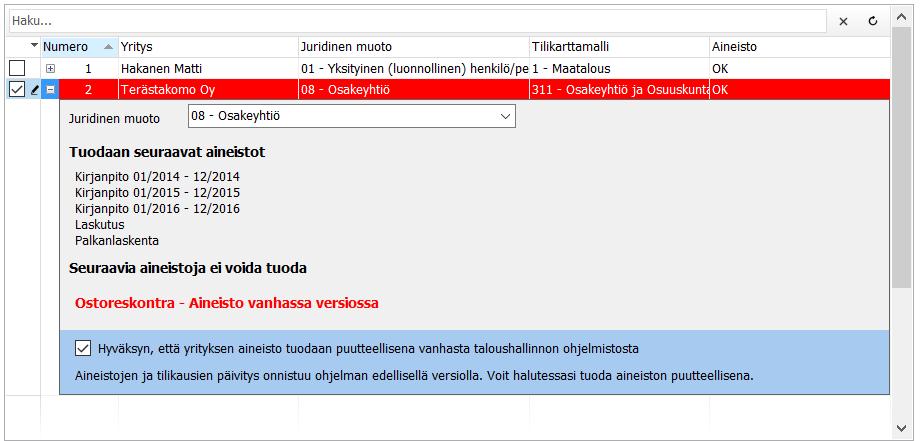 4(5) Jos tuotavassa yritysaineistossa korjattavaa tai puutteita Mikäli yrityksen kohdalla teksti on väriltään punaista ja Aineisto-sarakkeessa lukee teksti Tarkasta, sinun tulee tarkastella tuotavaa