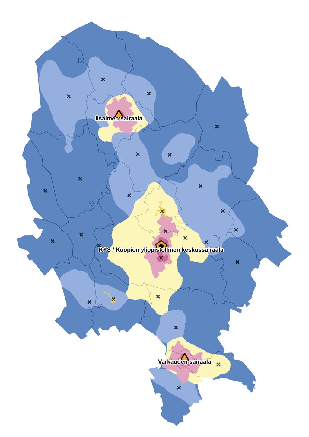Kuvio 2 Pohjois-Savon maakunnan terveydenhuollon palveluverkko ja kaupunki-maaseutu -luokitus (SYKE).