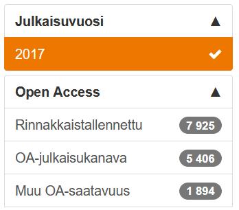 Open access -tiedot OKM:n tiedonkeruussa Vuodesta 2016 käytössä uudistetut OAkategoriat ja määritelmät Nyt käytettävissä yhdenmukainen data kahdelta vuodelta (2016 ja 2017) OA-statuksen