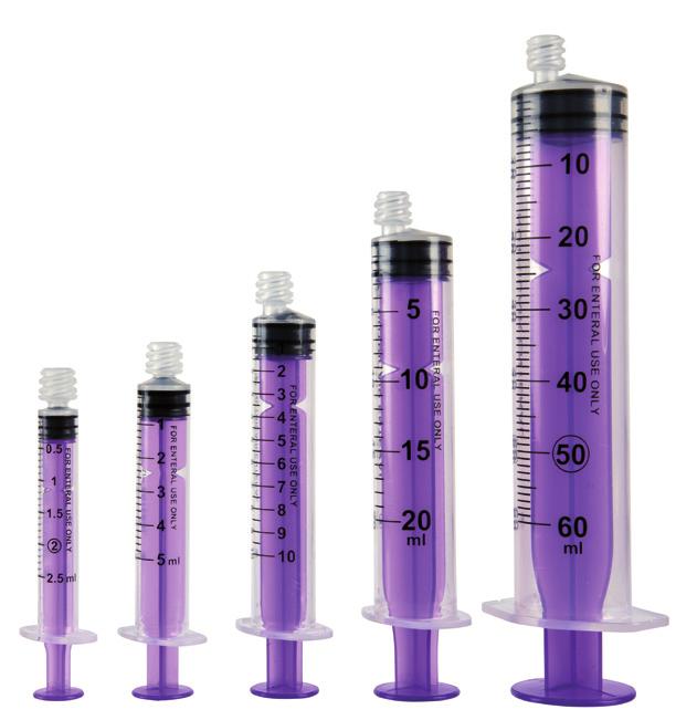 NUTRICAIR ENTERAL -RUISKUT Läpinäkyvä, lila mäntä, volyymi tuplamerkitty ruiskuissa 5 ml, 10 ml, 20 ml ja 50/60 ml, ENFit-naaraskärki.