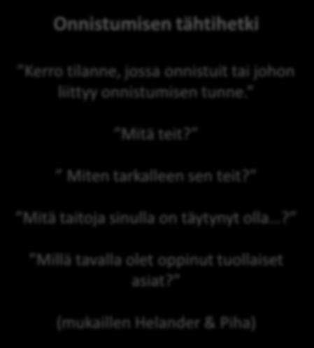 jatkuu Kannustaminen innostavien kysymysten avulla Oletko joskus onnistunut vastaavassa tilanteessa? Missä olet parhaimmillasi? Miksi tämä on sinulle tärkeää?