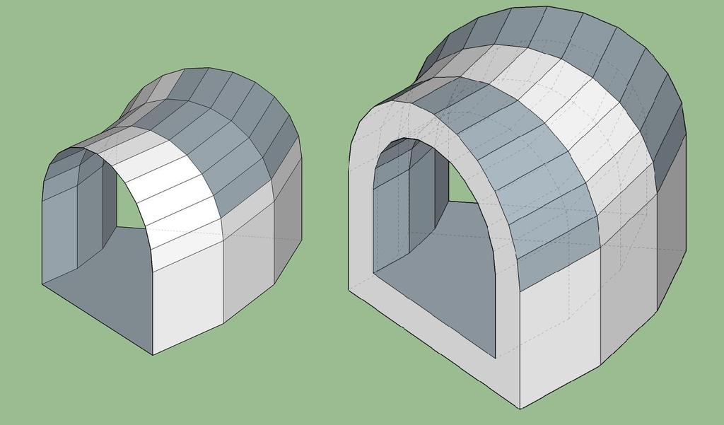 Kuva 28. TunnelinOsa ja TunnelinRakenteellinenElementti. Vasemman puoleinen kuva esittää TunnelinOsan mallintamista eli tunnelin kuvausta sen sisäpinnan mukaan.