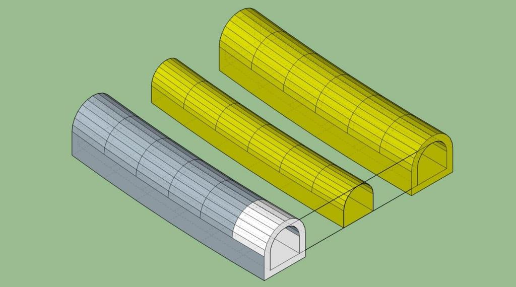 Keskimmäinen esimerkki kuvaa tilannetta, jossa vain TunnelinOsa-geometria on mallinnettu tunnelin sisäpintojen mukaan.