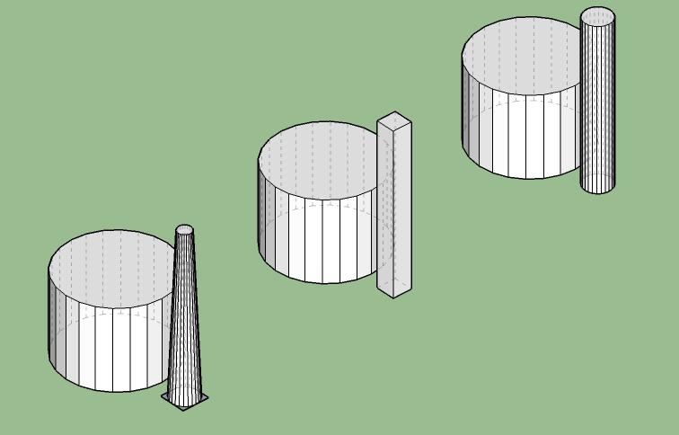 a. Pohjan muoto yleistetään nelikulmioksi b. Pohjan muoto pidetään ympyrämäisenä, mutta mallinnetaan viivasegmenttien avulla Kuva 8. Pyöreän kohteen mallintamisvaihtoehdot.