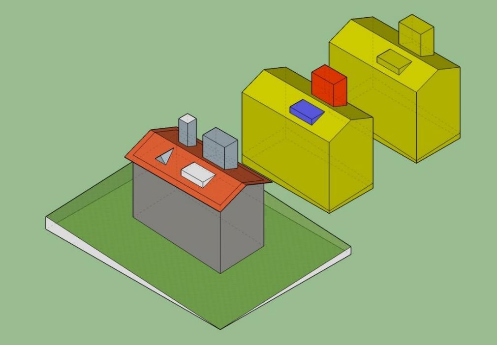Rakennuksen katon varusteet kuten savupiiput ja vinokaton pystyikkunat mallinnetaan LOD2-tasossa joko omiksi RakennuksenVarusteikseen tai osaksi kattomuotoa (Kuva 13).