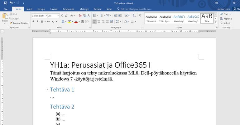 Aluksi Avaa tietokone ja mikäli teet harjoituksen mikroluokassa, kirjaudu sisään peruspalvelutunnuksellasi. Etsi koneelta MS Word tekstinkäsittelyohjelma, ja avaa sillä tyhjä dokumentti.