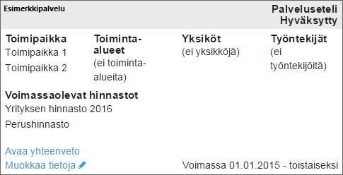 5.4 Hinnaston lisääminen ja päivittäminen Hinnaston päivittäminen jo hyväksyttyyn palveluun tapahtuu Palvelut -sivun kautta.