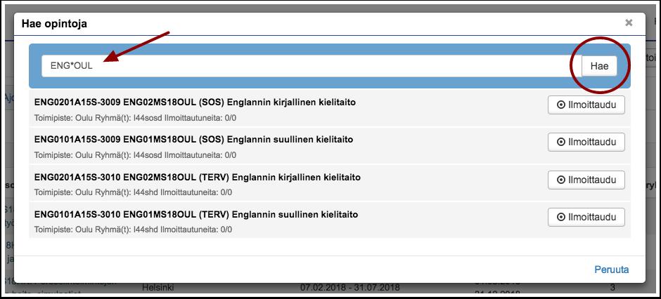 Voit kokonaisen toteutuksen tunnuksen lisäksi käyttää haussa *-katkaisumerkkiä.