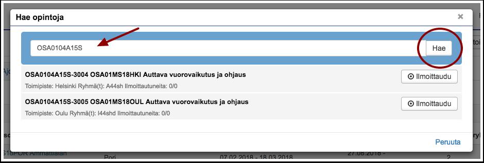 Voit kokonaisen opintojakson tunnuksen lisäksi käyttää haussa *-katkaisumerkkiä.