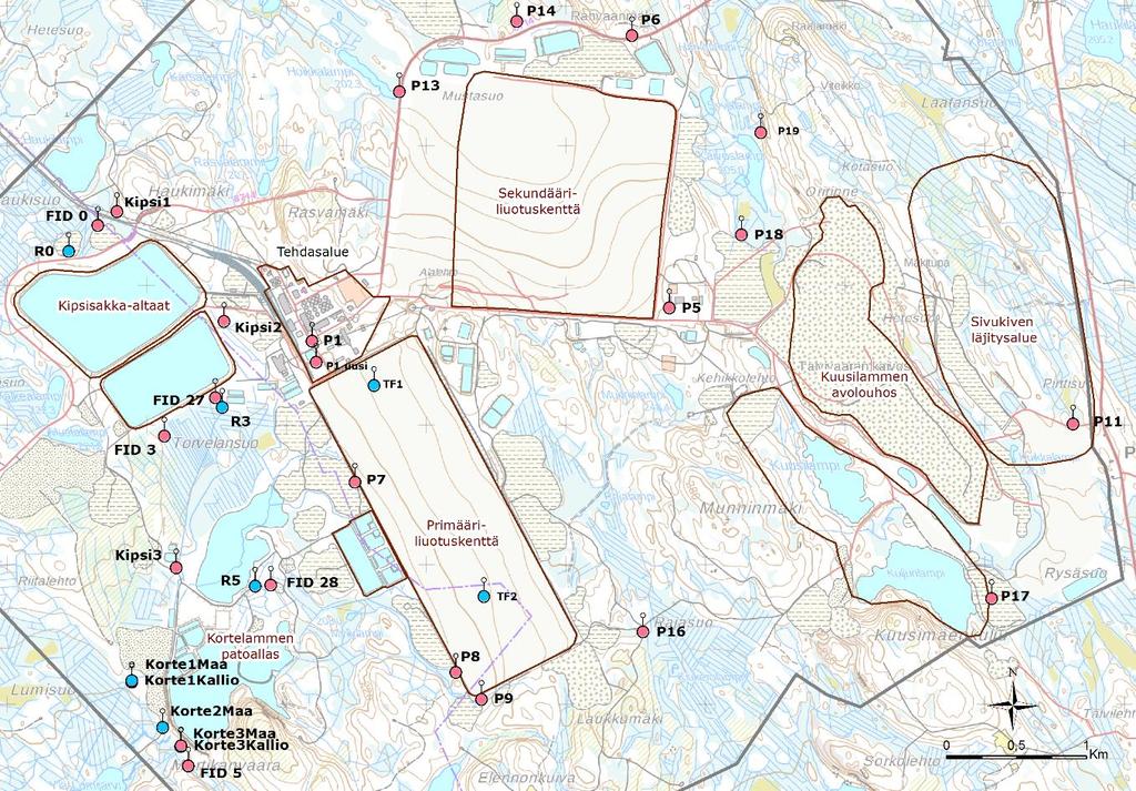 POHJAVEDET 4 Rimpilänniemen pohjavesialueella velvoitetarkkailuohjelmaan kuuluvat havaintoputket ovat pvp101, RP1 ja RP2. Kuva 3-3. Tarkkailuputkien sijainti kaivospiirin alueella.
