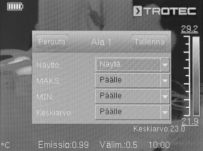 Asetus Toiminto Näytä Piilota Piilota mittauspiste Näytä Toimintatila Manuaaline n MAKS MIN Näytä mittauspiste Mittauspisteen sijaintia voi muuttaa manuaalisesti.