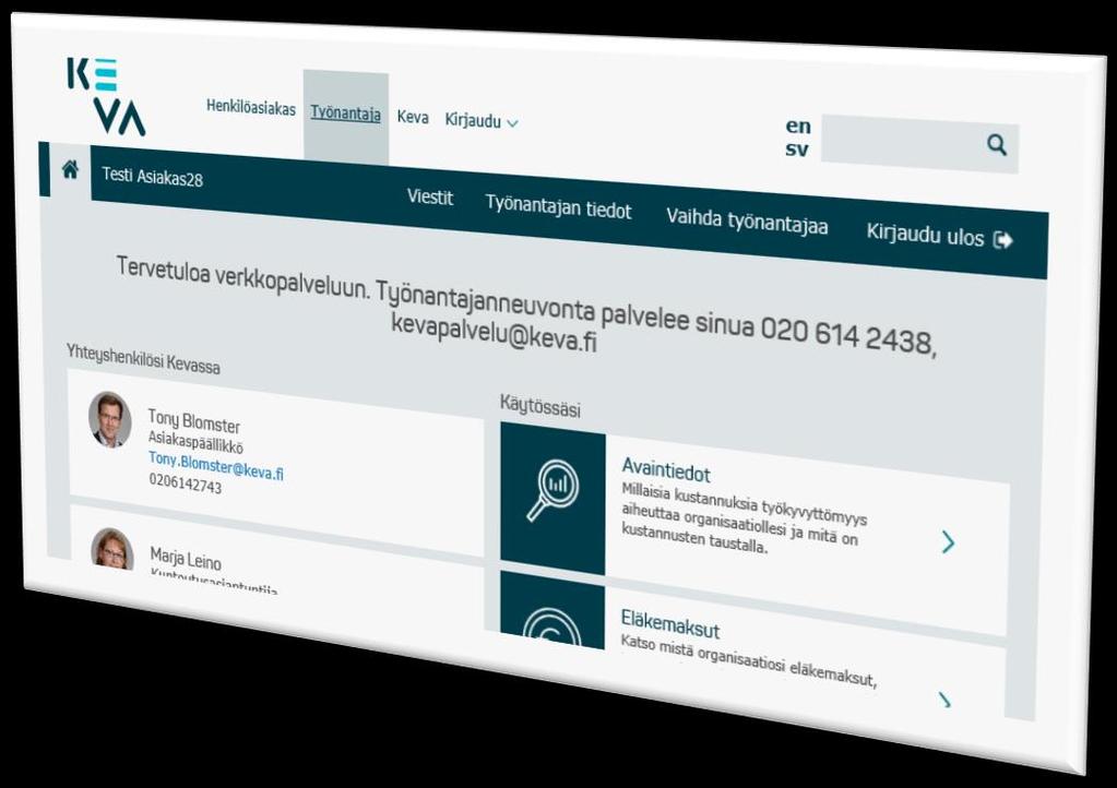 Työnantajan verkkopalvelun etusivu Kirjaudu verkkopalveluun henkilökohtaisella Katso-tunnisteella Näet käyttövaltuuksien mukaan avaintiedot, eläkemaksut, palvelussuhderekisterin ja tilastot Lisäksi