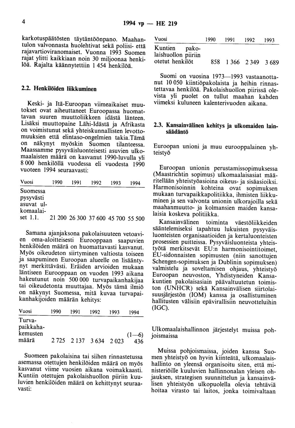 4 1994 vp - HE 219 karkotuspäätösten täytäntöönpano. Maahantulon valvonnasta huolehtivat sekä poliisi- että rajavartioviranomaiset Vuonna 1993 Suomen rajat ylitti kaikkiaan noin 30 miljoonaa henkilöä.