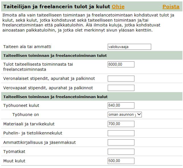 Ilmoittaminen sekä freelancetoimintaan että palkkatuloon kohdistuvat menot - Tulot = tulot, joita ei ole merkitty esitäytetylle