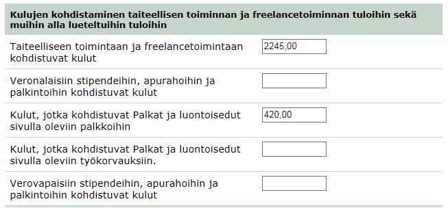 Ilmoittaminen kulujen kohdistaminen eri tuloihin Esimerkissä työhuonevähennyksestä on puolet