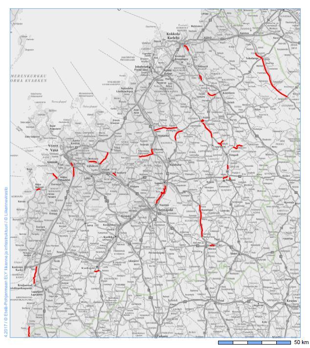Kuva 9. Etelä-Pohjanmaan ELY -keskus, päällystysurakat vuonna 2018 Sorateiden rakenteen parantamisia tehdään perustienpidon rahoituksella noin 5-6 kilometriä vuodessa.