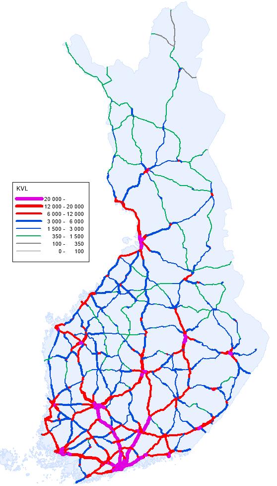 Liikennekysyntä vuonna 2030 Lähde: Keskeisen päätieverkon toimintalinjat, Liikennevirasto