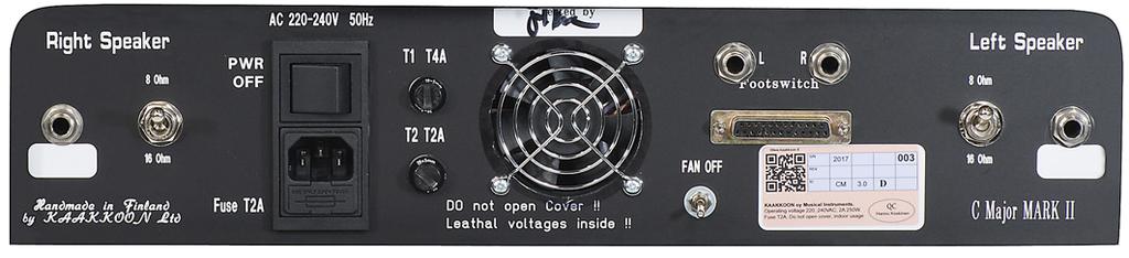 Takapaneeli C-major Mk II Toiminnot Right / Left Speaker. Kytkee päätevahvistimen kovaääniseen. Kovaäänisen minimi teho (RMS W) merkitty liittimen alle. Käytä vain asianmukaista kovaäänisjohtoa.