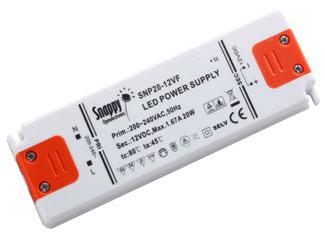 Tuotekoodi ME Tuotekuvaus Mitat (mm) EAN 43806 5 LED driver 12 V 0-6 W Snappy, IP20 98x45x10 43820 5 LED driver 12 V 0-20 W Snappy, IP20 150x50x14