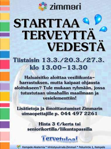 00 Hiihtolomaviikolla (vko 10) vain aamun vesivoimistelut Tiistai ja torstai klo 7.30 8.00 isoallas Keskiviikko klo 7.00 7.30 monitoimiallas Monitoimialtaalla ei ole varattuja vuoroja.