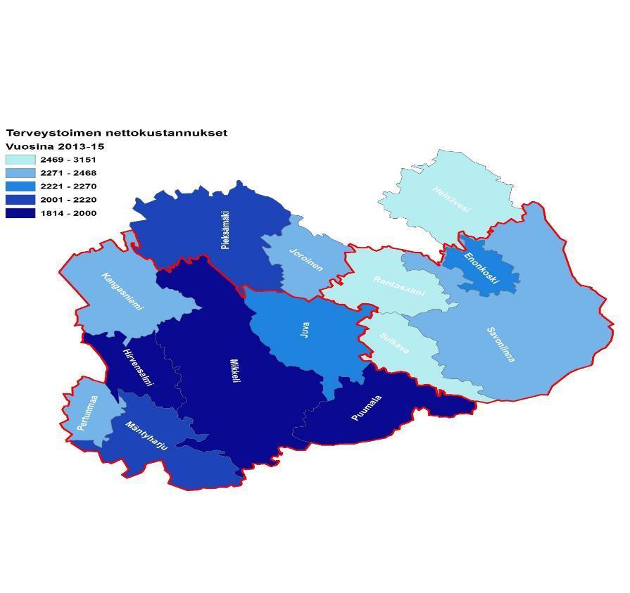 TERVEYSTOIMEN NETTOKUSTAN- NUKSET KUNNITTAIN VUOSINA 2013-2015 Muuttuja kuvaa terveystoimen nettokustannuksia euroina asukasta kohden keskimäärin vuosina 2013-2015 Etelä-Savon maakunnan terveystoimen