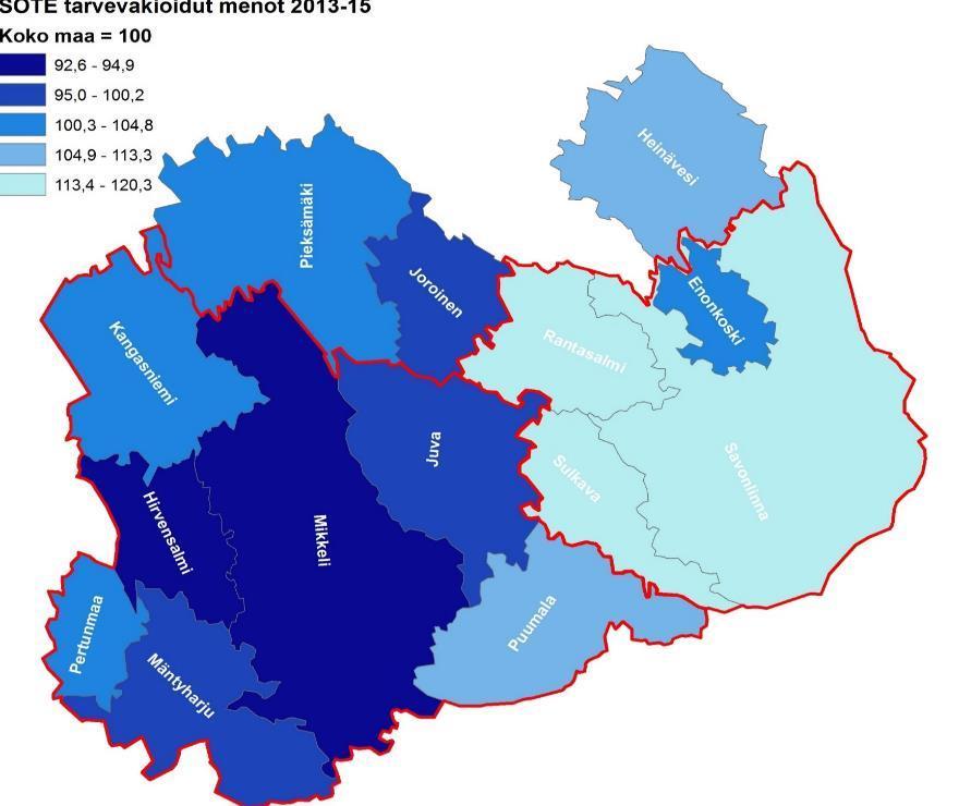 SOSIAALI- JA TERVEYDENHUOLLON TARVEVAKIOIDUT MENOT 2013-2015 (koko maa = 100) Muuttuja kuvaa sosiaali- ja terveydenhuollon tarvevakioituja menoja keskimäärin vuosina 2013-2015: koko maan indeksiluku