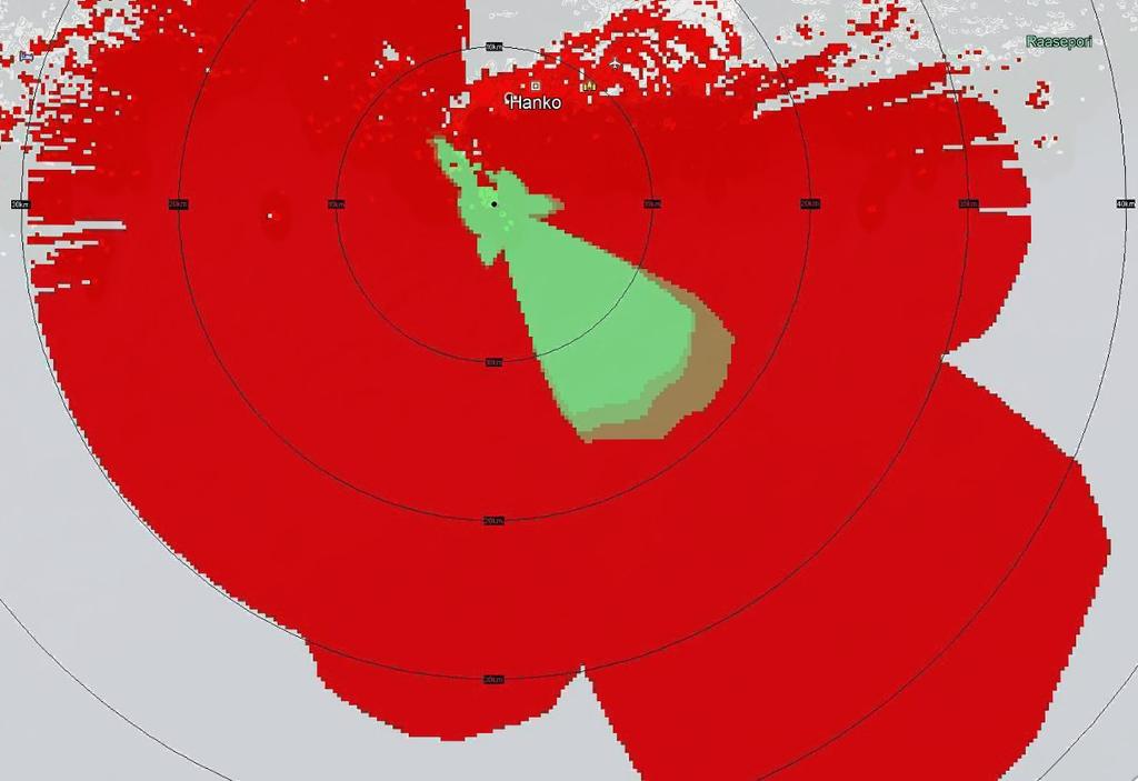 64 Kuva 30: Kytkettävän keilan antennin häirintätarkastelu häirittäessä tukiaseman ja Rauma-luokan ohjusveneen välistä yhteyttä 2700MHz taajuudella Ilmasta suoritettu tukiaseman häirintä lyhentää