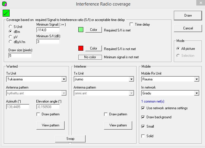 6 Kuvassa L1.6 esitetään häirintätarkastelussa käytetty Radio Mobile simulaatio-ohjelman työkalu. Häirintä toteutettiin sijoittamalla häiritsevä yksikkö 50km etäisyydelle.