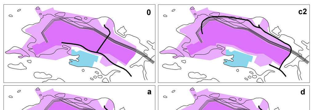 18 c1) Pohjoinen yhteys saaren alueella Vaihtoehdossa satamatietä jatkettaisiin satama-alueelta suoraan lounaan suuntaan, jolloin tie halkaisisi tuleville ydinvoimalaitoksille varatun alueen