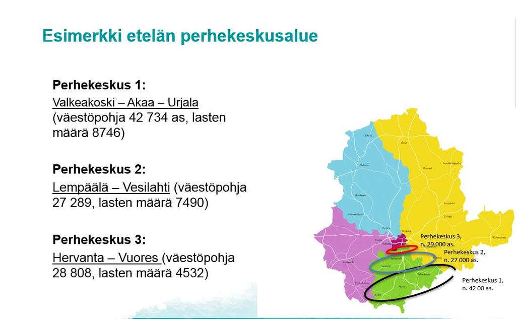 Ehdotus Pirkanmaan perhekeskusalueiksi vaikutus verkostojohtamiseen - jokainen alue on pilkottu pienempiin palvelu- ja työssäkäyntialueisiin Itä Kangasala, Pälkäne, Kuhmoinen, Orivesi, Juupajoki,