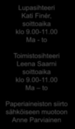 00-13.00 - lupahakemuksien käsittely Rakennustarkastaja Juhani Järvinen, puhelinaika klo 8.00-9.00 - työmaa aikainen valvonta, jatkuva valvonta Lupasihteeri Kati Finér, soittoaika klo 9.00-11.
